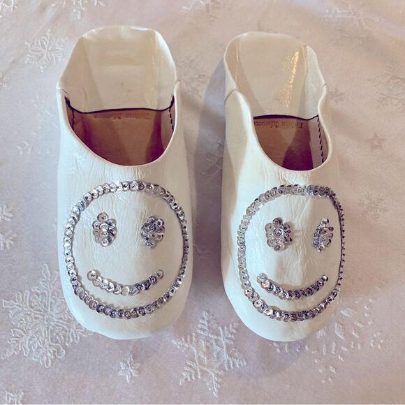 NWOT Fatima Morocco Babouche Slippers Leather Sequined Happy Face Sz 8 Gorgeous - Picture 2 of 5